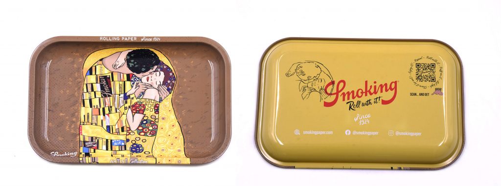 Our cool rolling trays: this one is based on The Kiss, by Gustav Klimt.