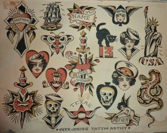 Amerikanische traditionelle Tattoos: Owen Jensen Tattoo-Designs.