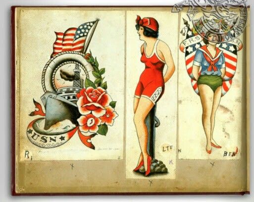 American traditional tattoos: designs with ships, flags, and sailing motives.