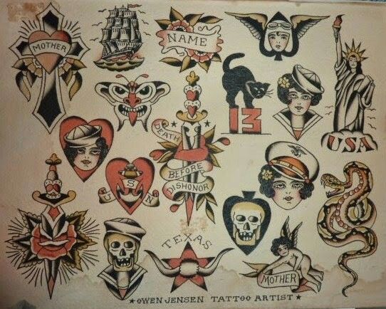 American traditional tattoos: Owen Jensen tattoo designs.