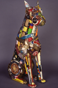 Art from trash: Leo Sewell uses recycled plastic, metal, and wood objects.